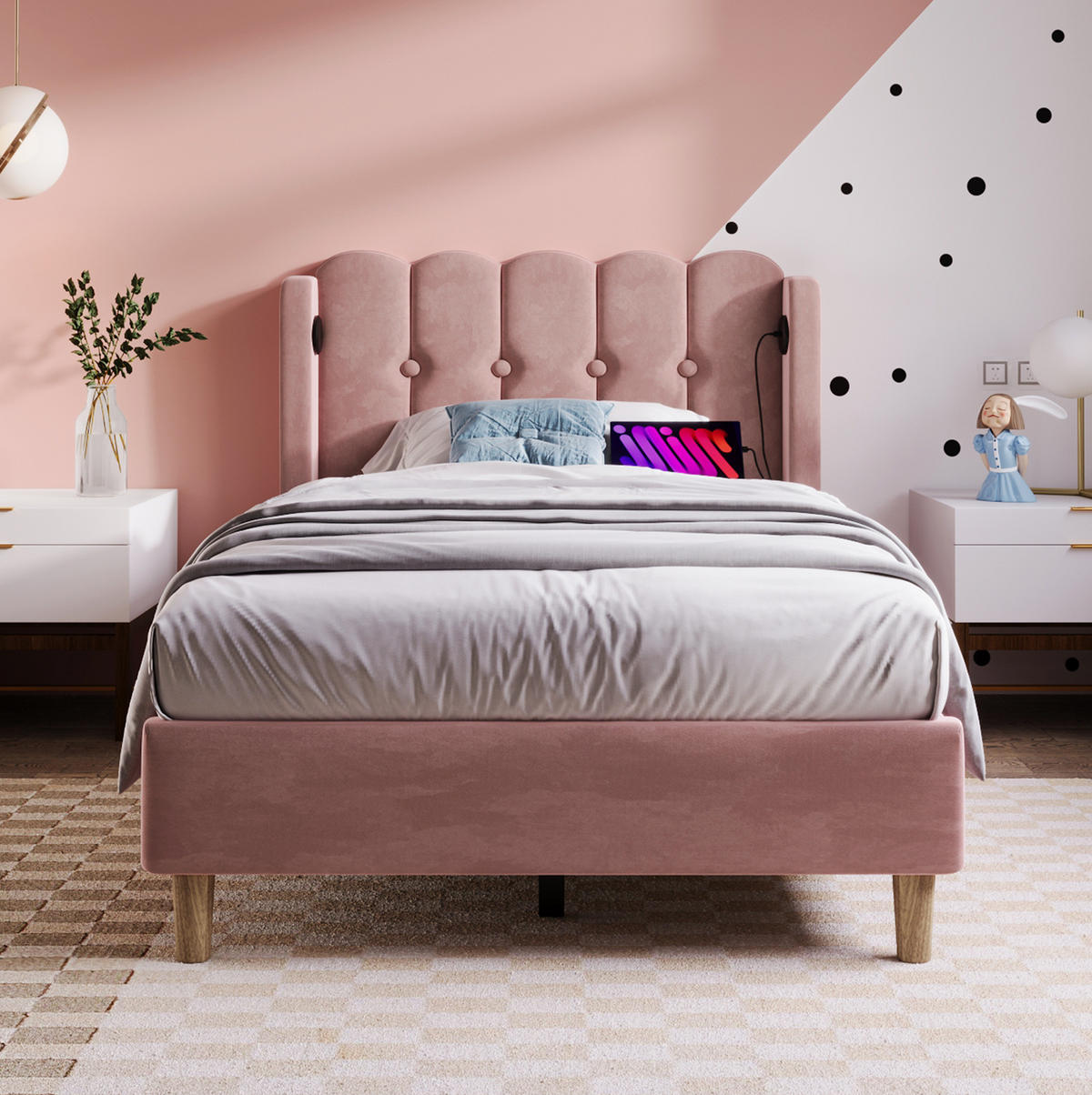 SAMT-POLSTERBETT 90/200 cm Rosa mit USB-C, Lattenrost und gepolstertem Kopfteil - Rosa, Textil (90/200cm) - BEAOK