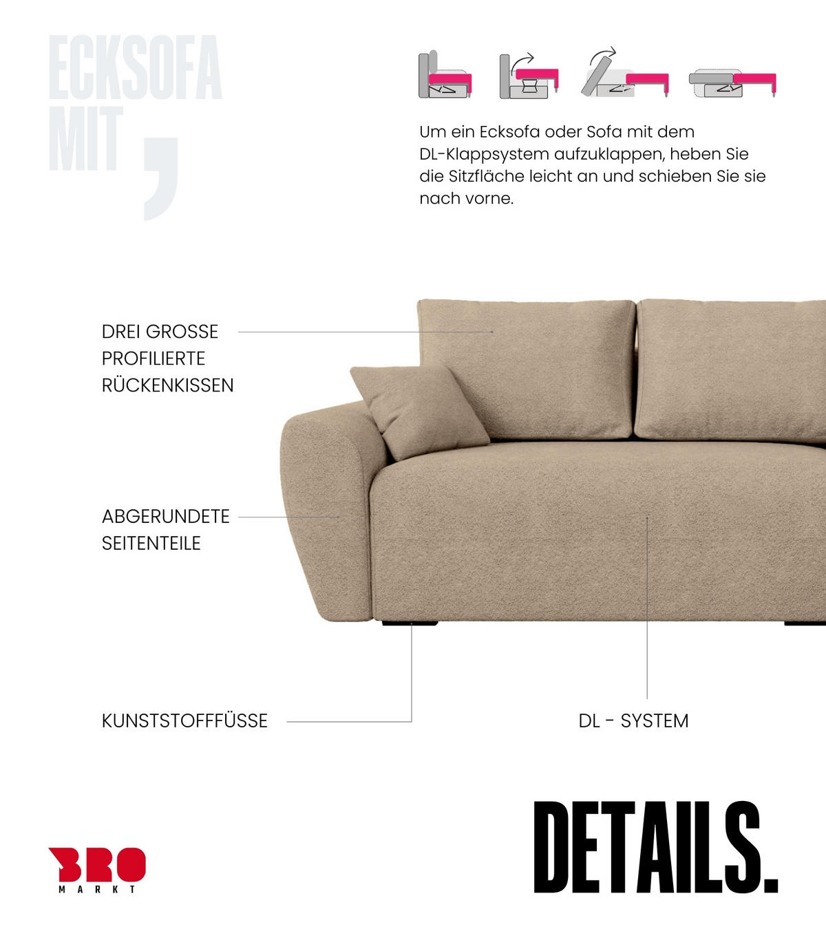 ECKSOFA Rotterdam mit Schlaffunktion Beige Bouclé - Creme, Textil (238/141cm) - Bromarkt