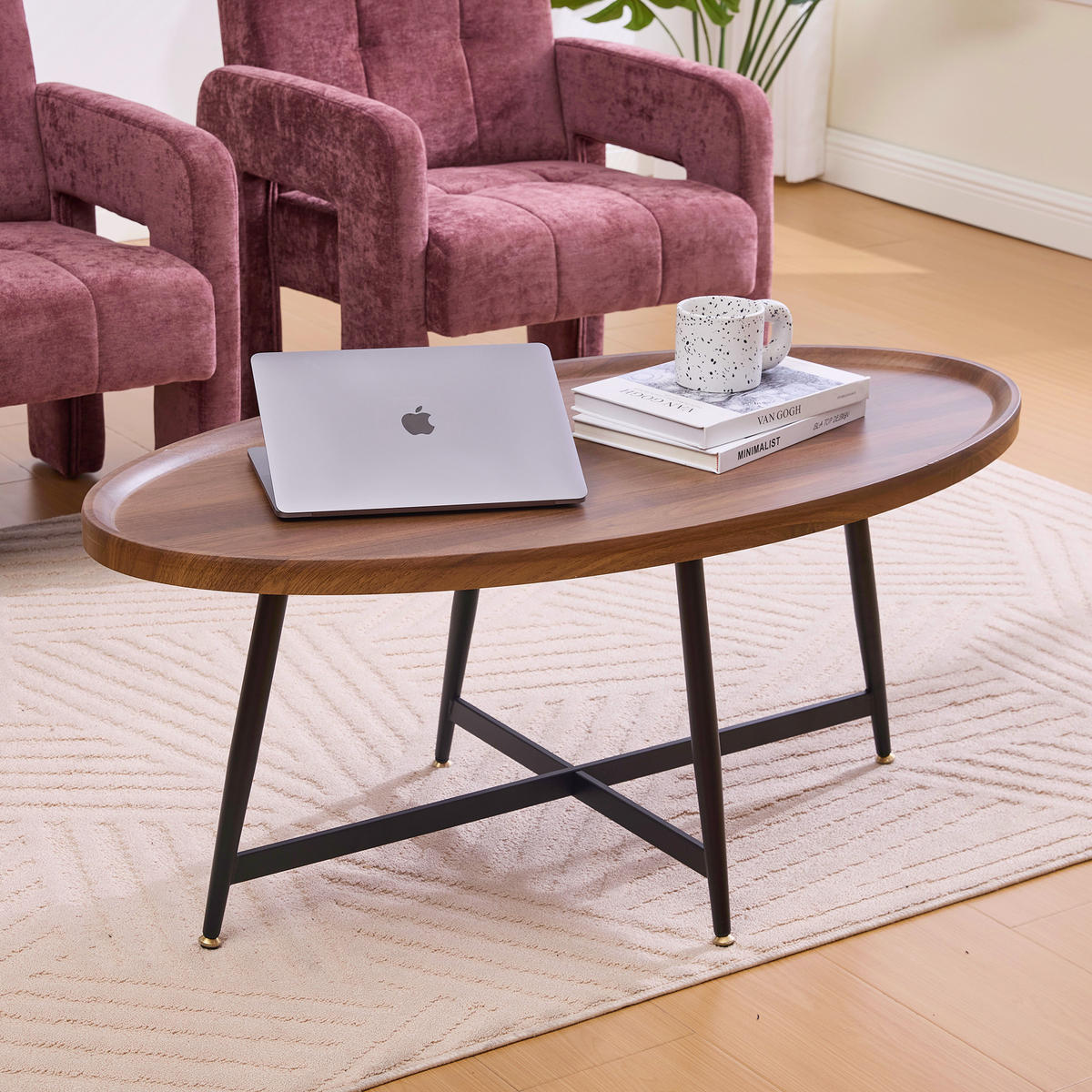 COUCHTISCH 110/55/45 cm Braun mit ovaler Tischplatte und Metallgestell - Braun, Holzwerkstoff (110/55/45cm) - OKWISH