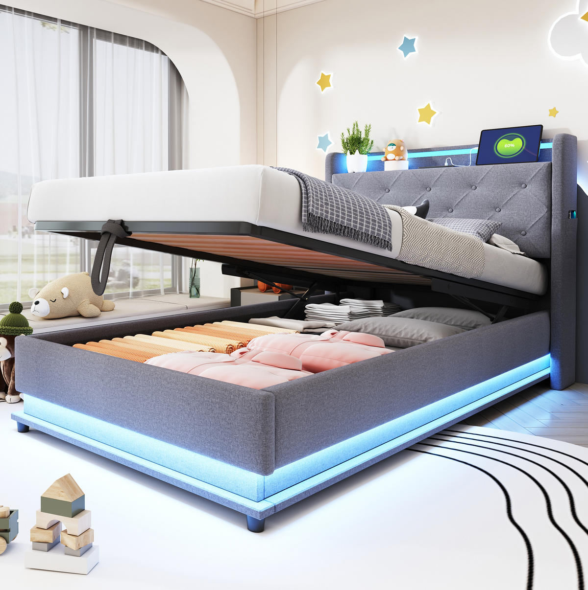 POLSTERBETT 90/200 cm Grau mit LED-Beleuchtung, Stauraum und USB-Anschlüssen - Grau, Textil (90/200cm) - Flora Grace