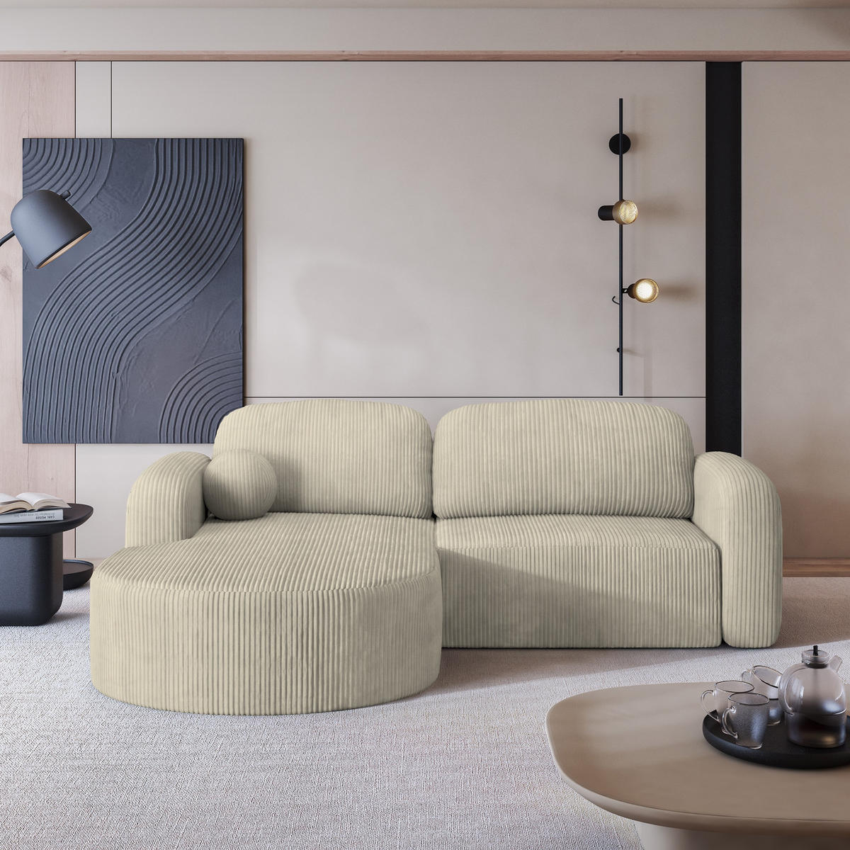 ECKSOFA AMILIA P L-S Creme Kordstoff mit Schlaffunktion - Creme, Holz (263/174cm) - MASSENO