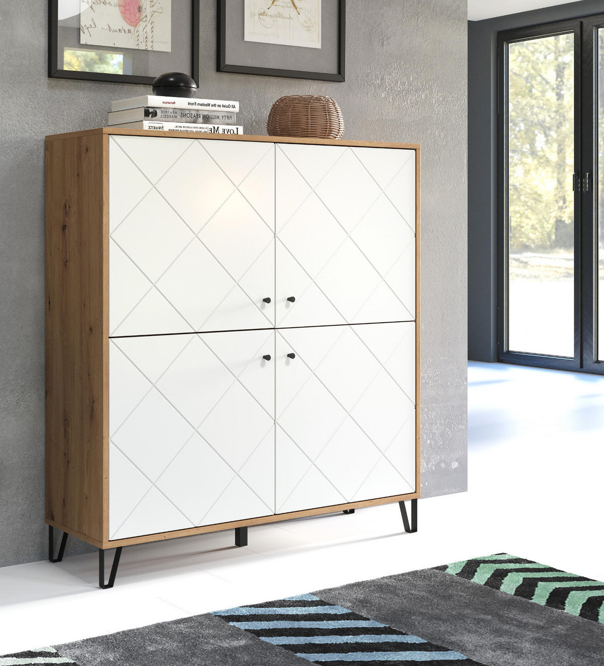 HIGHBOARD weiß matt mit Rautenoptik, Eiche Artisan 123 x 136 cm, Kommode mit Soft-Close - Eichefarben/Schwarz, Holzwerkstoff/Kunststoff (123/136/40cm) - Top.Furn