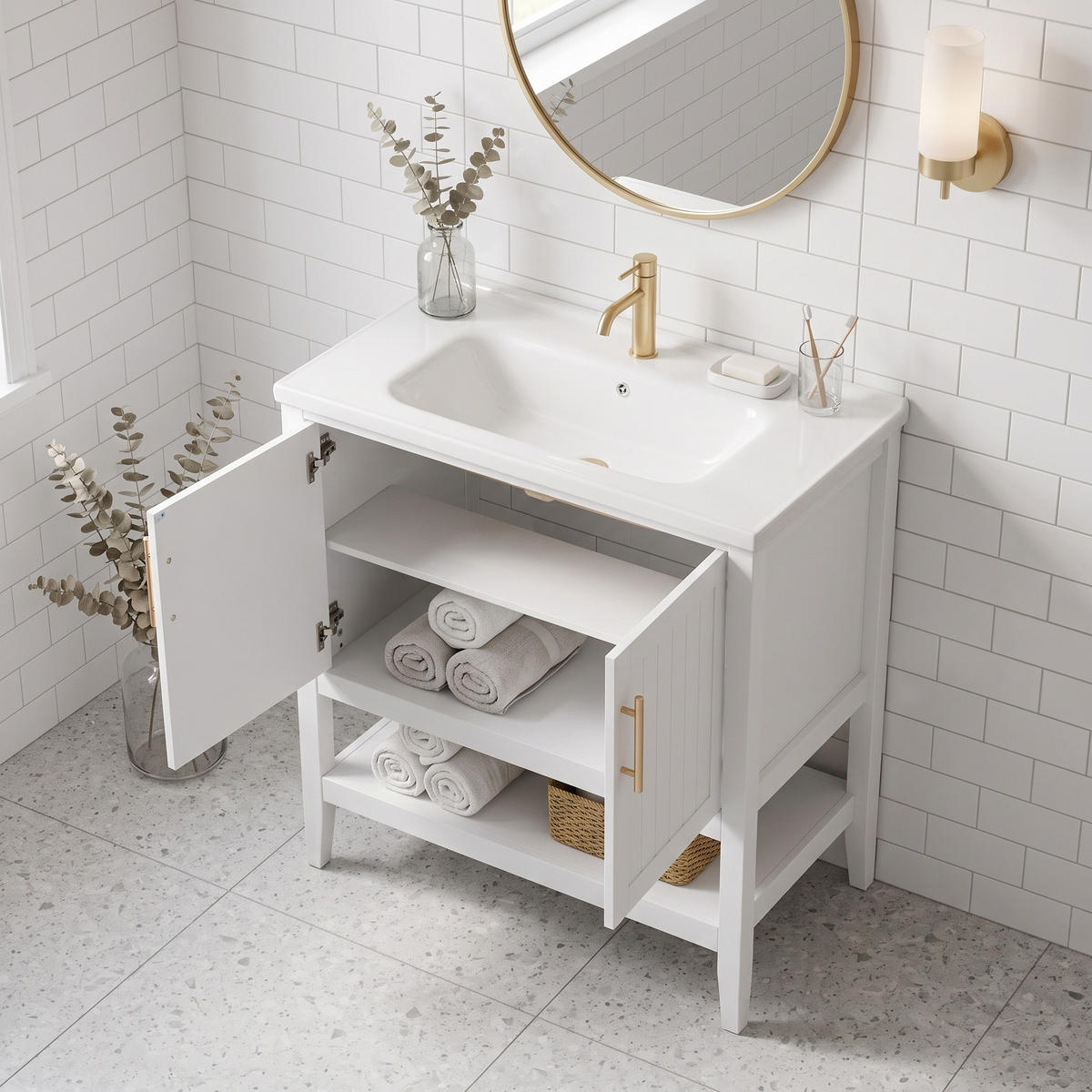 WASCHTISCH mit Unterschrank 80cm Keramikbecken Weiß - Weiß, Holzwerkstoff (80/89/47cm) - Urban Meuble