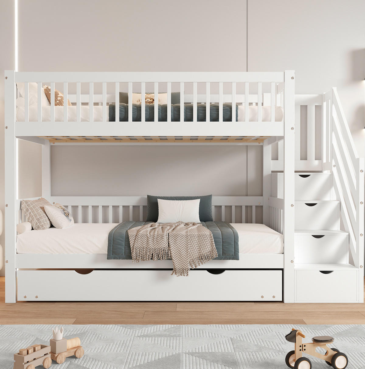 ETAGENBETT 90/200 cm mit Rollbett und Leiterschrank in Weiß - Weiß, Holz (90/200cm) - BEAOK
