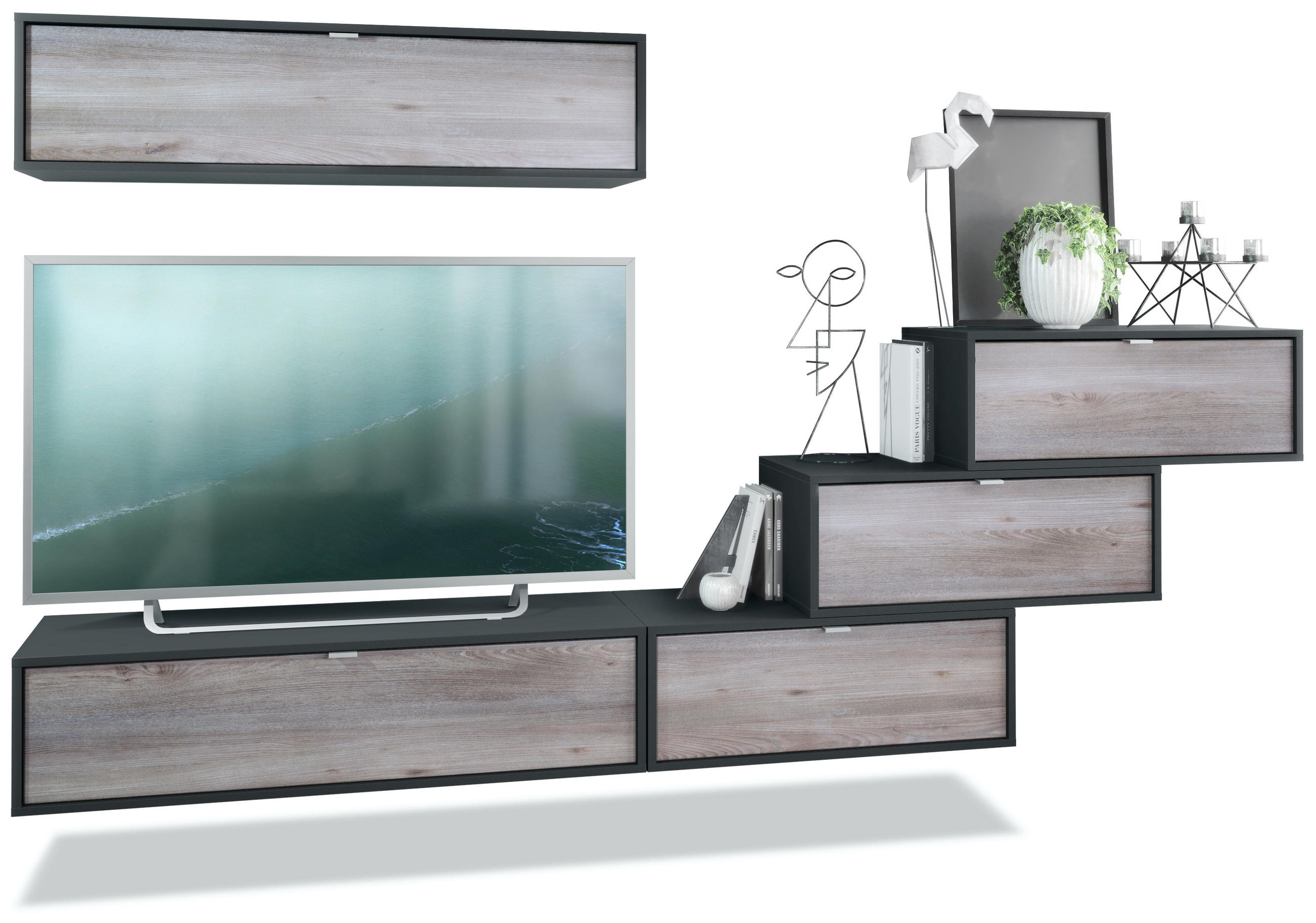 WOHNWAND Lana Fronten in Eiche Nordic - Silbereichenfarben, Holzwerkstoff (275/180/37cm) - Vladon