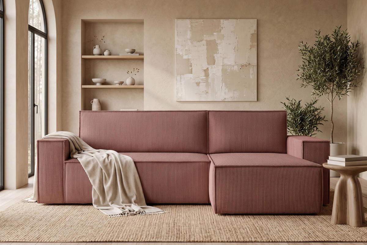 ECKSOFA-LINKS/RECHTS NAPI Schlaffunktion mit Cordbezug, Rosa - Pink/Schwarz, Textil (262/148cm) - KONSIMO®