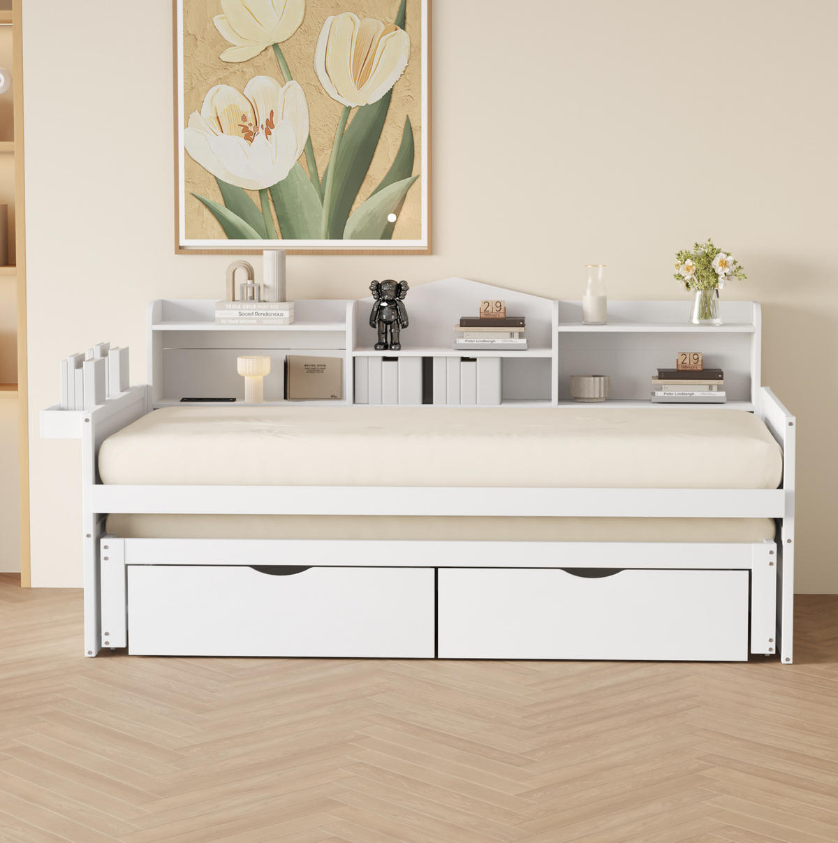 AUSZIEHBETT 90/200 cm in Weiß aus Holzwerkstoff mit Stauraum und USB-Anschluss - Weiß, Holz (90/200cm) - Flora Grace