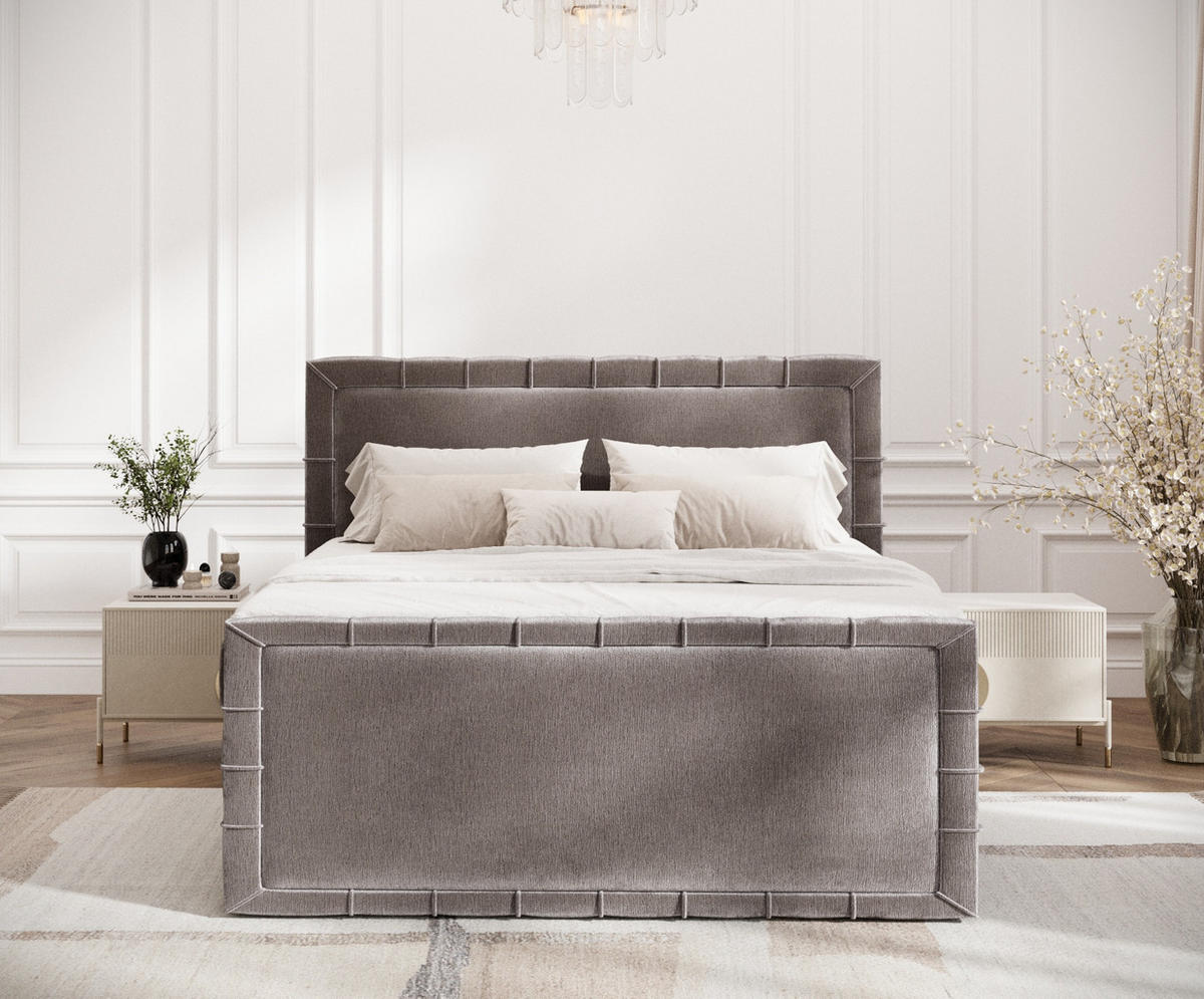 BOXBETT Estelle Beige 140/200 cm im Chenille-Stoff - Beige/Schwarz, Holz/Holzwerkstoff (140/200cm) - Maison de Reve