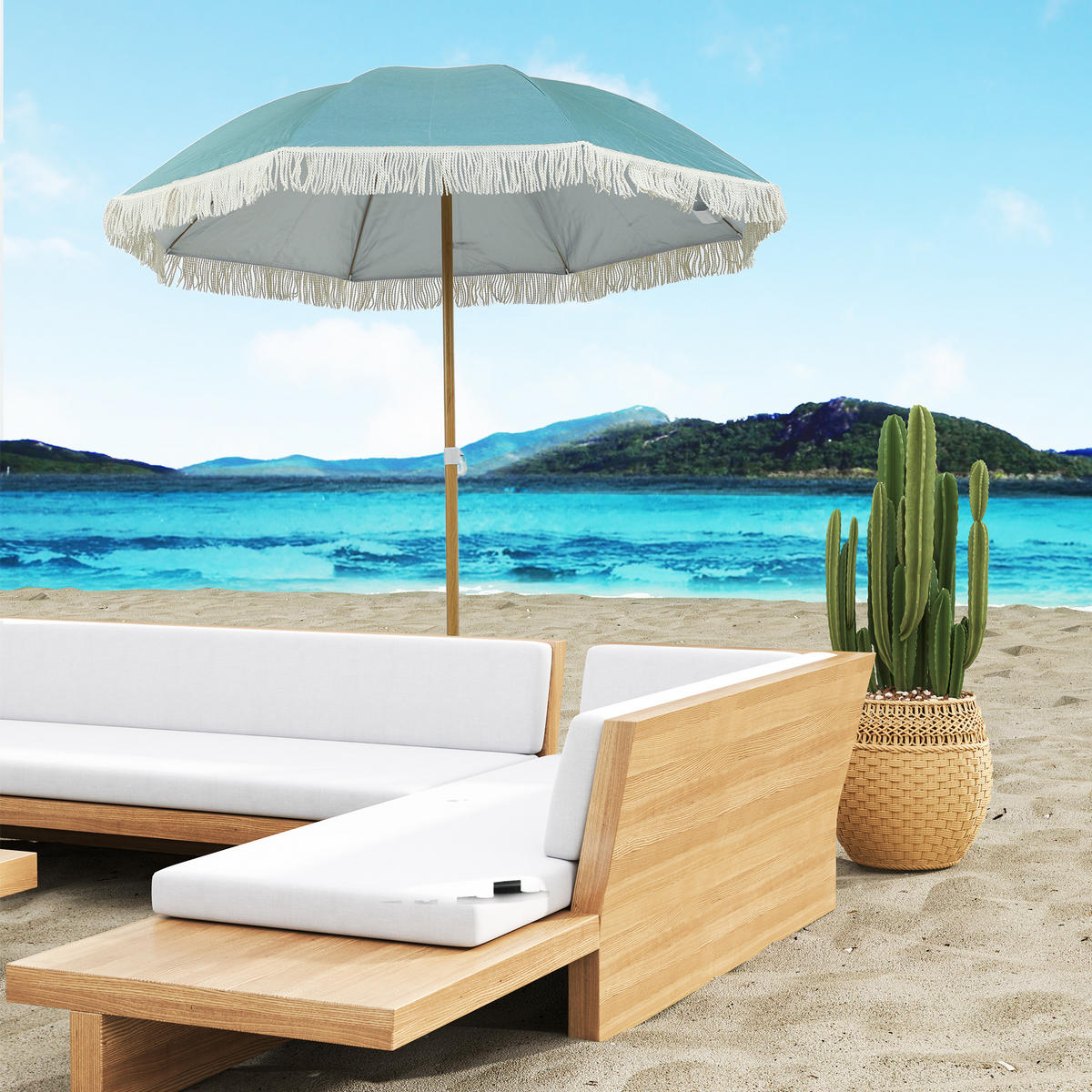STRANDSCHIRM Ø170 cm DE-11537 höhenverstellbar mit Fransen & Holzoptik Hellblau - Hellblau, Textil (172/172cm) - ComfortXL