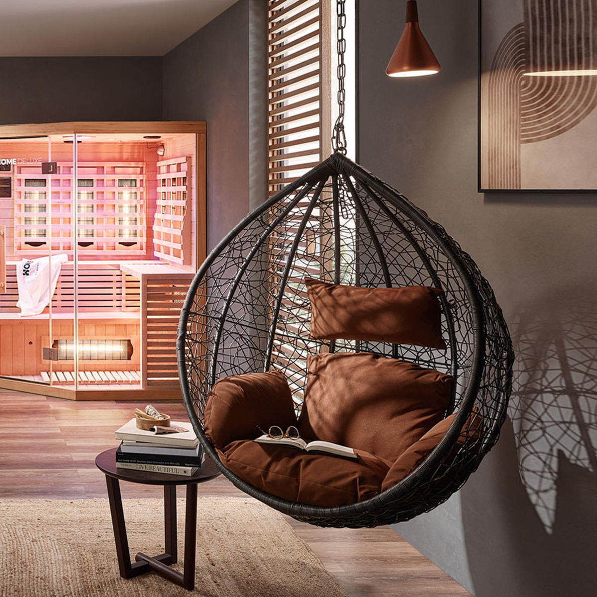 HÄNGESESSEL CIELO - Braun, Korb + Kissen - Grau, Kunststoff (100/123/80cm) - Home Deluxe