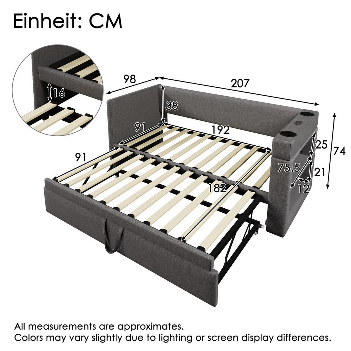 TAGESBETT 90x190cm Einzelbett Schlafsofa Ausziehbett USB-C & Halter Grau - Grau, Holz (90/190cm) - FLIEKS