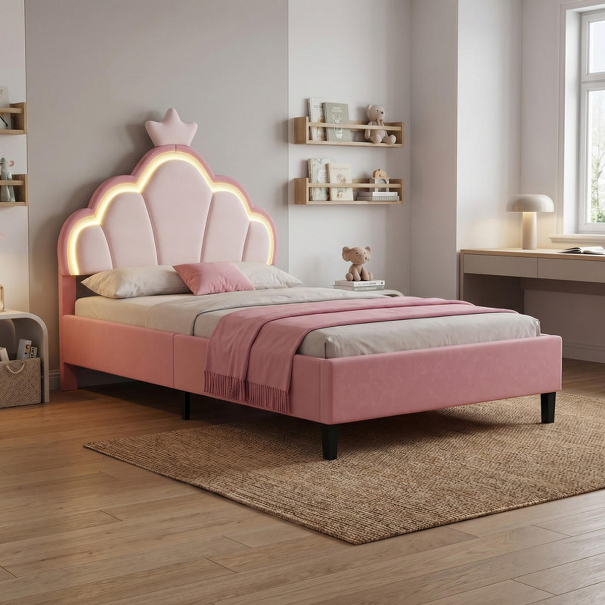KINDERBETT 90/200 cm rosa mit Kronenkopfteil und LED - Rosa, Holz - SHOPENTRA