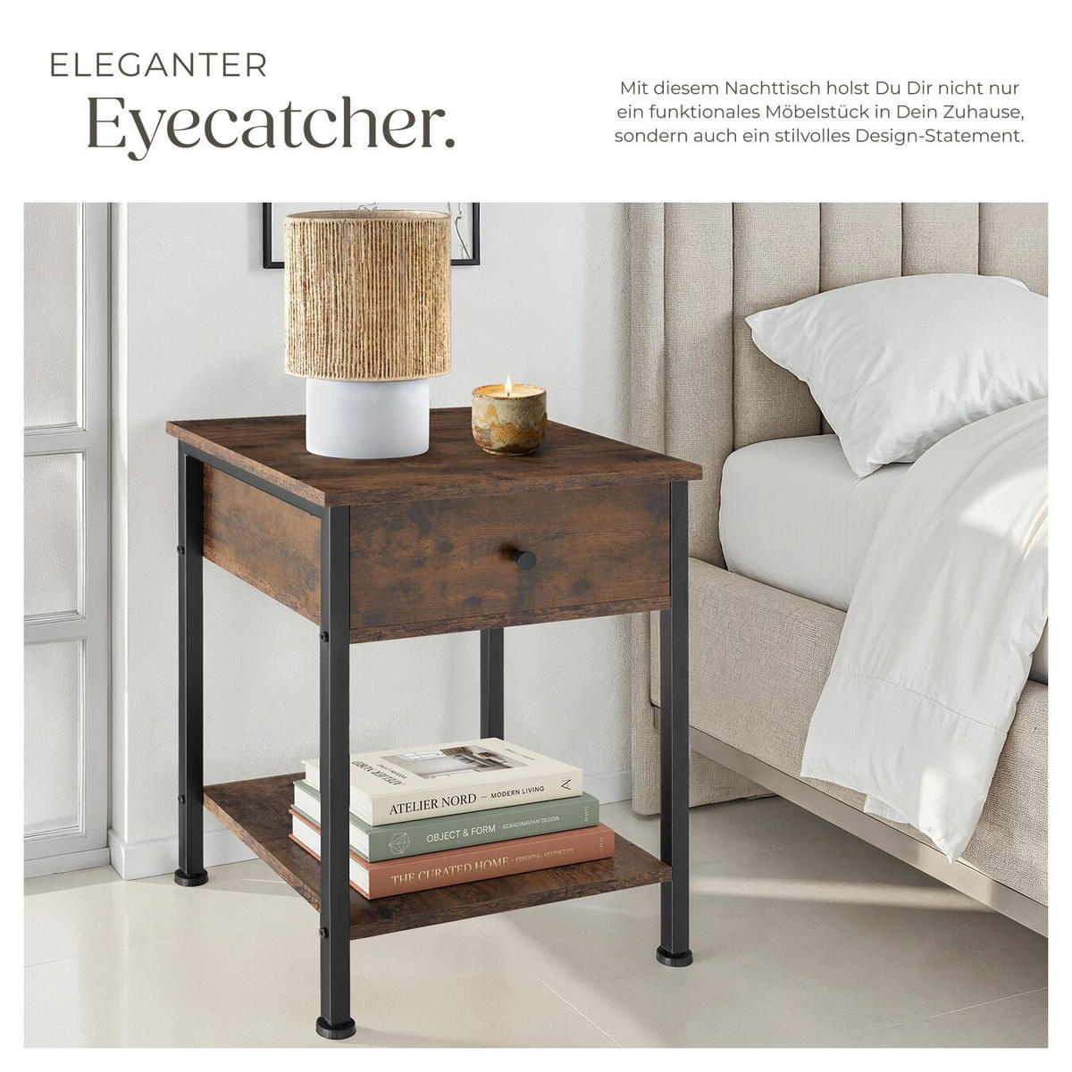 NACHTSCHRANK Bradford, 40 x 40 x 55,5 cm, Industrial Holz dunkel, rustikal - Rostfarben, Holzwerkstoff (40/55.5/40cm) - tectake