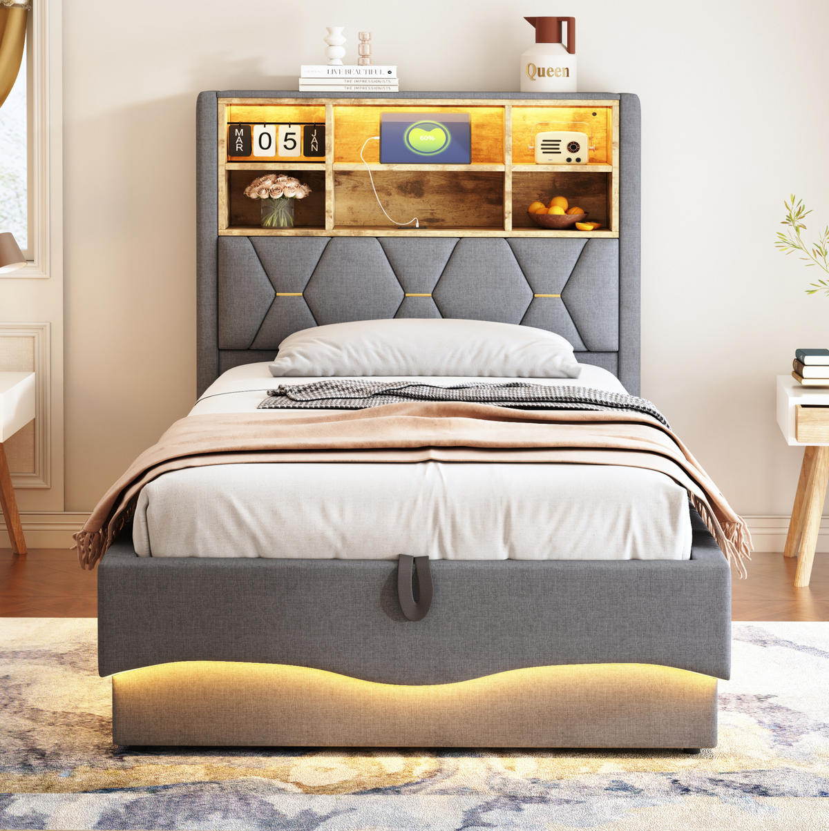 KINDERBETT 90/200 cm in Grau mit Stauraum, LED-Beleuchtung und USB-Anschluss - Grau, Metall (90/200cm) - Flora Grace