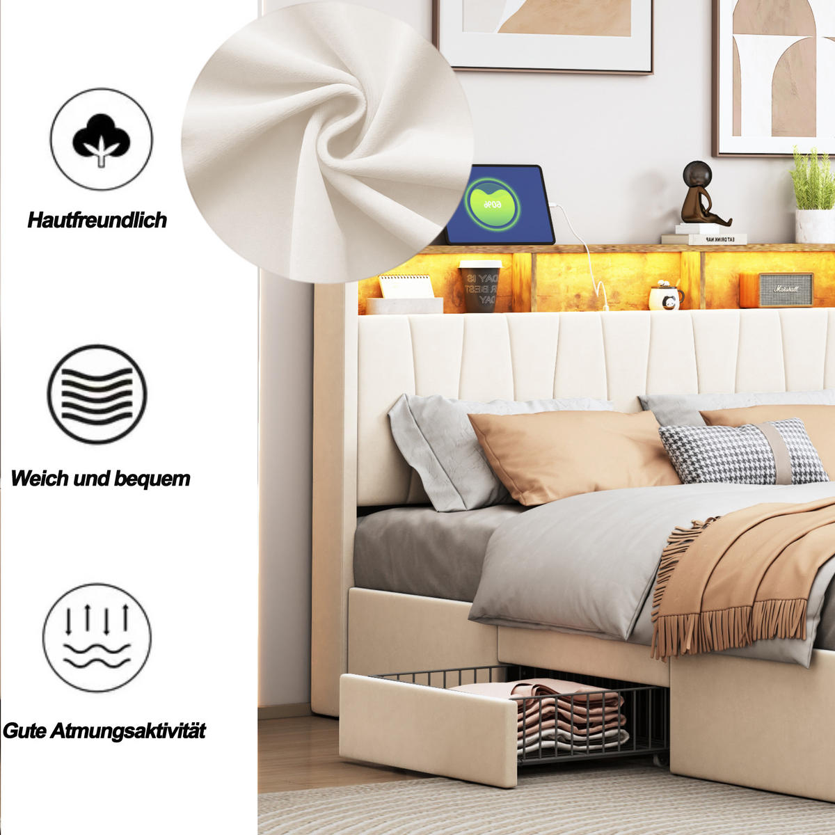 POLSTERBETT 140x200 cm, Beige, mit 3 Schubladen, USB & Typ C, LED - Beige, Textil/Metall (140/200cm)