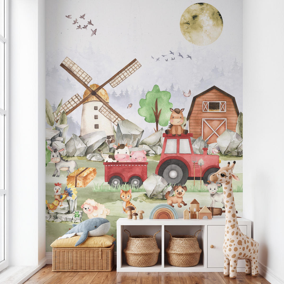 KINDERTAPETE - Bauernhof - Traktor - Kinder - Tiere - 180x280 cm - Weiß, Papier (180/280cm) - OnlyWow