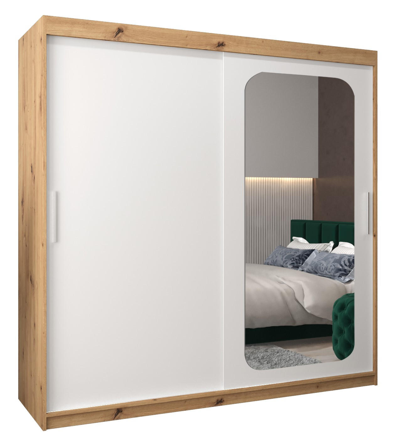 Abiks Möbel Schwebetürenschrank Eiche Artisan, Weiß 200x200x62 cm