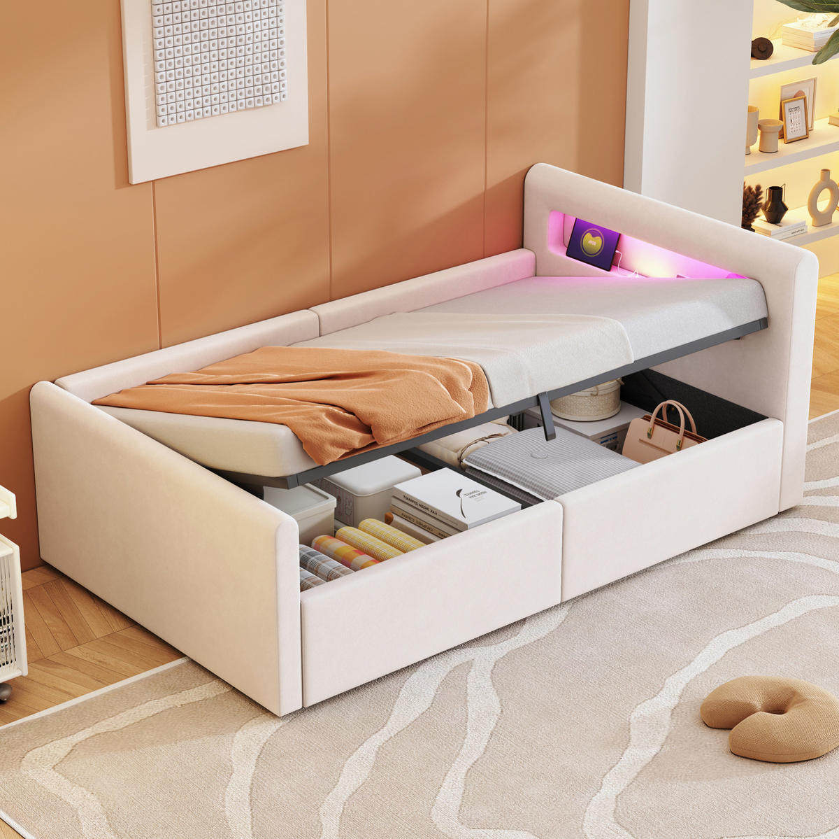 POLSTERBETT mit Bettkasten und LED 90x200 cm Samt Beige - Beige, Metall (90/200cm) - Beauniv