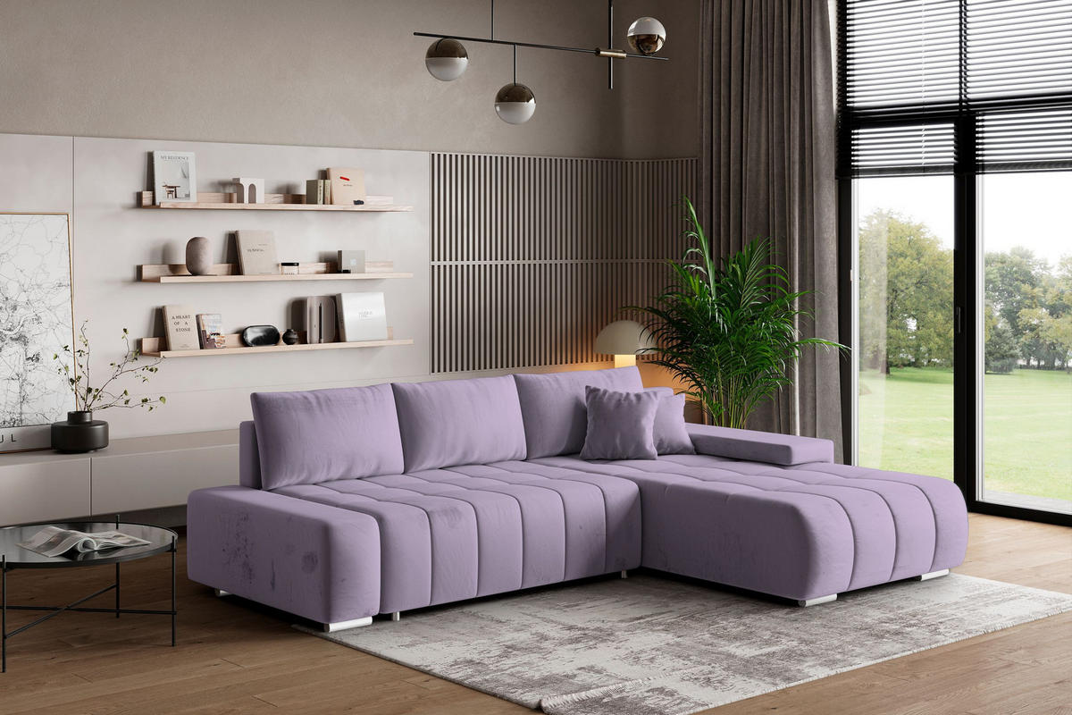 ECKSOFA ALESE R-S Lila Velours-Stoff mit Schlaffunktion - Lila, Holz (265/185cm) - MASSENO