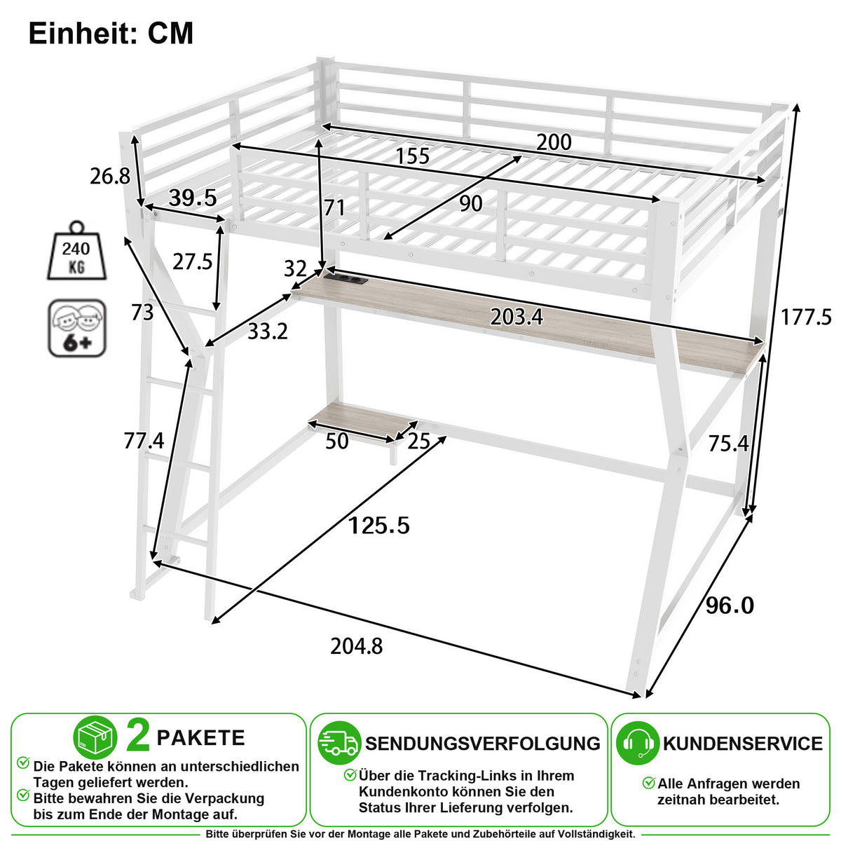 VYVÝŠENÁ POSTEL 90/200 cm v bílé barvě s LED osvětlením, psacím stolem a USB - bílá, kov/kompozitní dřevo (90/200cm) - CHICFURN