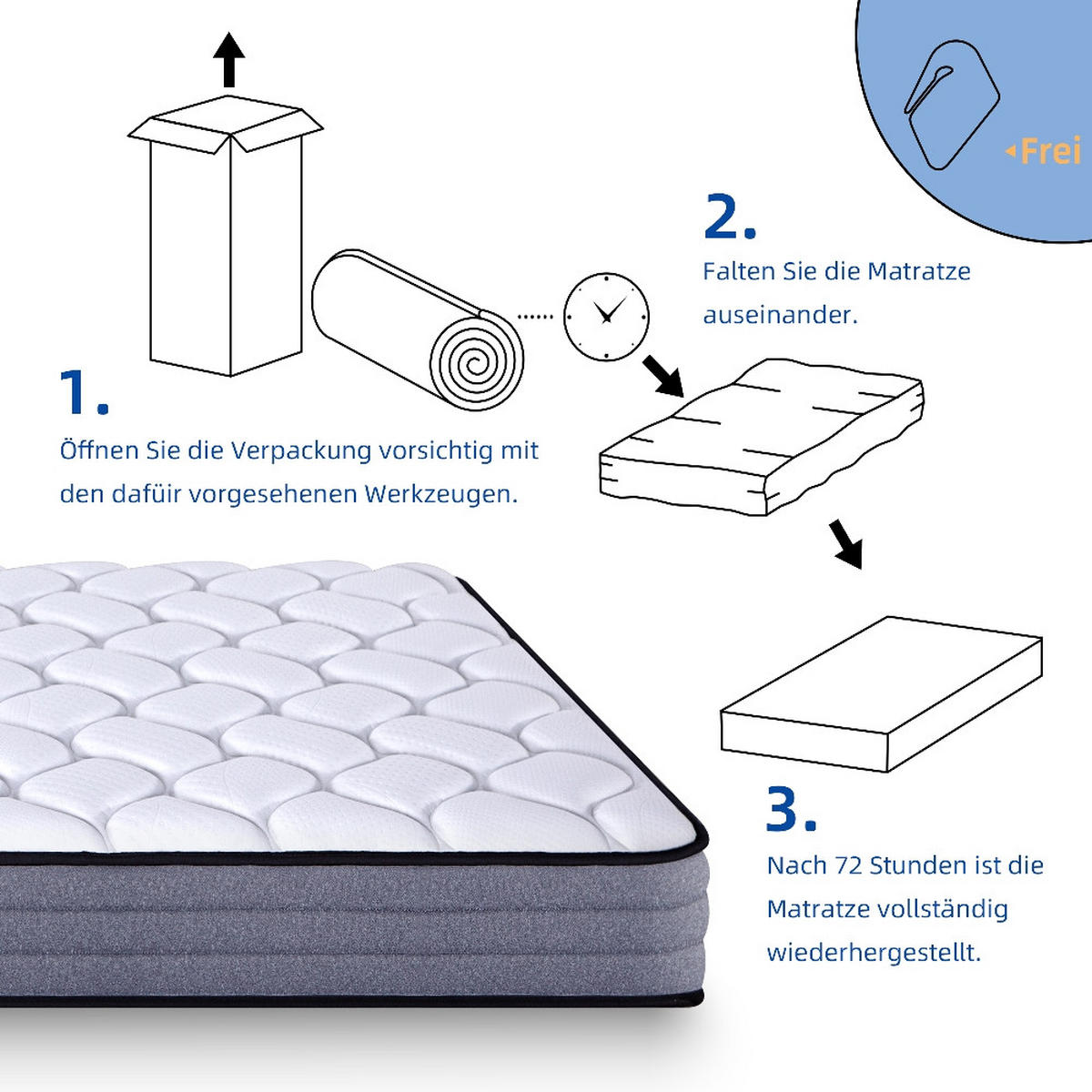 TASCHENFEDERKERNMATRATZE H3, ERGONOMISCHES 7-ZONEN-SYSTEM, Memory-Schaum, Weiß, 180/200/20 cm - Weiß, Metall (180/200cm) - Rolipo