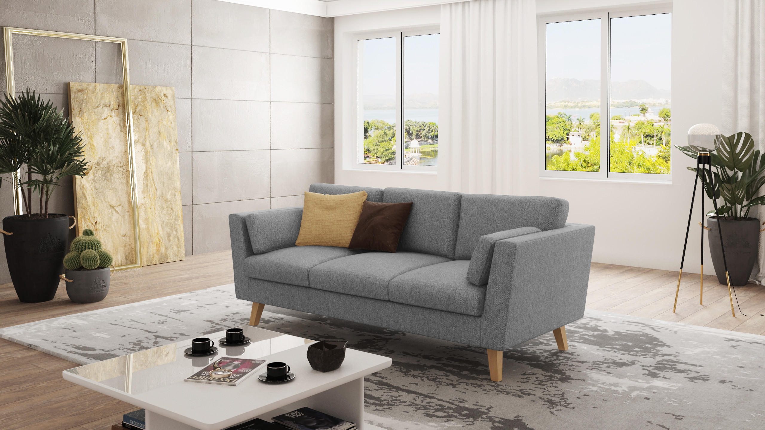3-SITZER-SOFA Mario Grau Microfaser - Hellbraun/Grau, Holz/Buchenholz (206/90/89cm) - S-Style Möbel