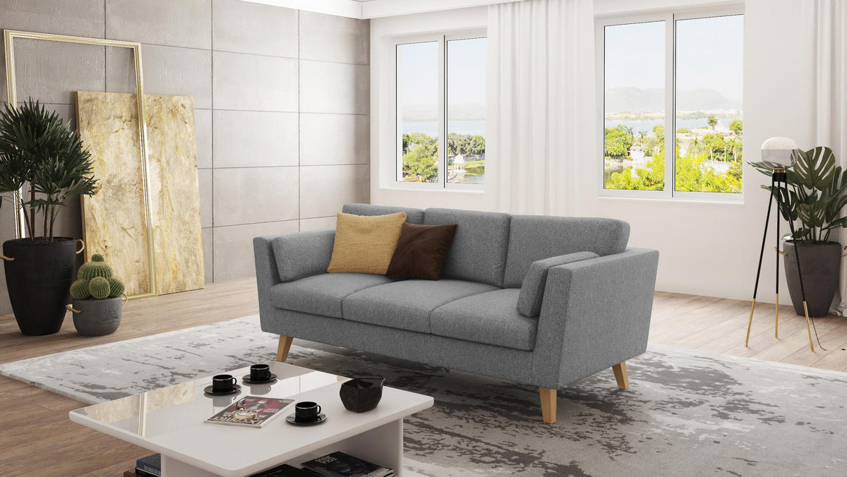 3-SITZER-SOFA Mario Grau Microfaser - Hellbraun/Grau, Holz/Buchenholz (206/90/89cm) - S-Style Möbel