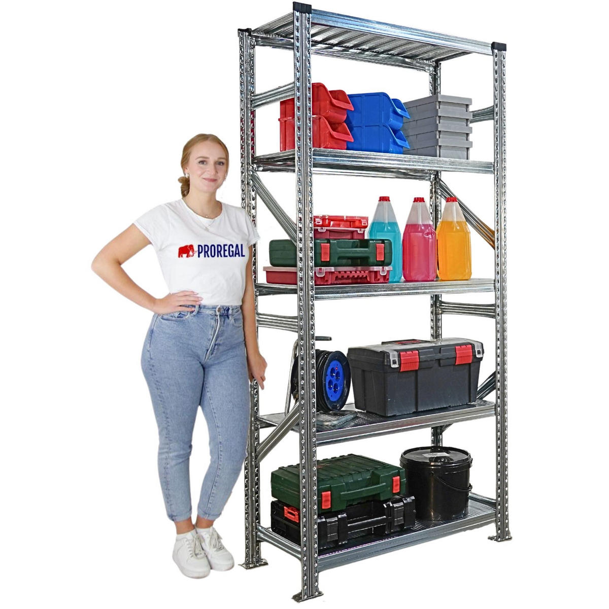 FACHBODENREGAL Proximo Stecksystem 200x90x50cm 5 Ebenen Fachlast 200 kg Beidseitig nutzbar Verzinkt - Silberfarben, Metall (90/200/50cm) - PROREGAL