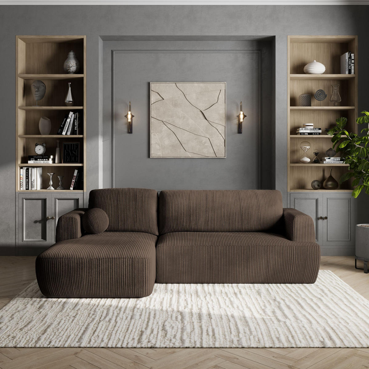 ROHOVÁ SEDAČKA SENTI hnědá - černá/hnědá, dřevo/textil (246/148cm) - MASSENO