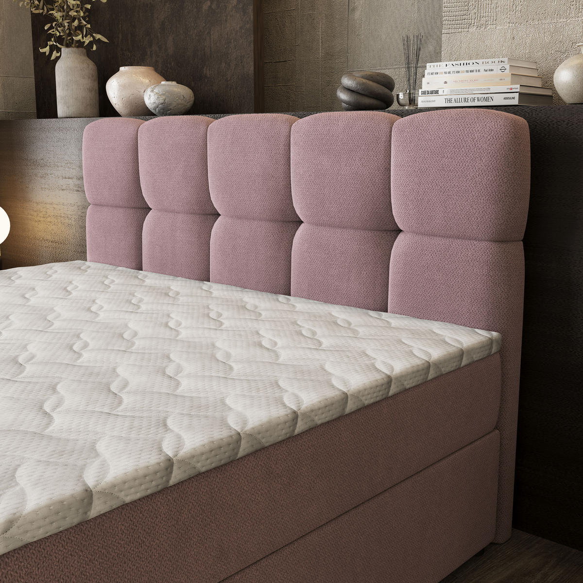 BOXBETT BRUME 160x200 cm mit Matratze und Topper, H2+H3 - Rosa - Rosa, Holz (160/200cm) - MASSENO