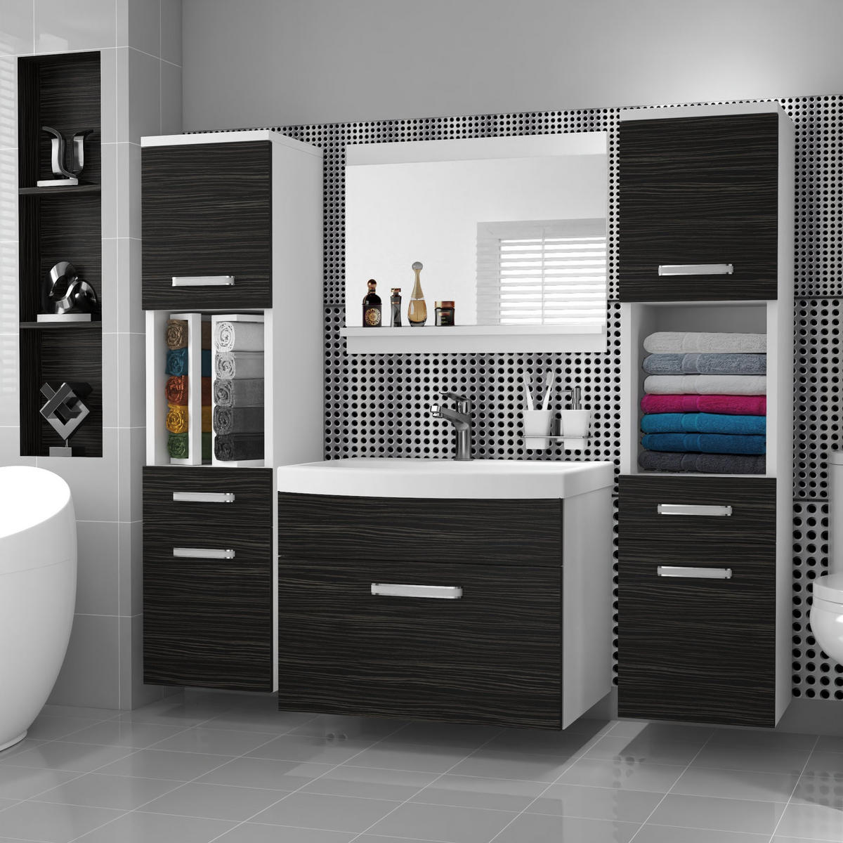 BADMÖBEL Badezimmer SET PRI M6, Ebenholz Matt, 120 cm - Schwarz, Holz (38.7/113.5/120cm) - B BELINI GROUP