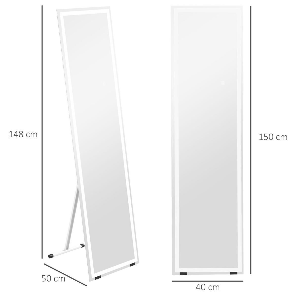 STANDSPIEGEL, mit LED-Leuchte, 3 Lichtfarbe, für Wohnzimmer, Schlafzimmer, Weiß - Weiß, Glas (40/2.9/150cm) - HOMCOM