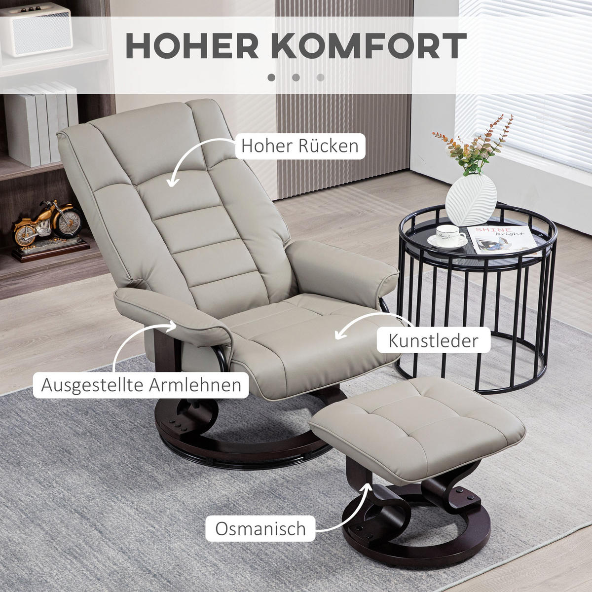 RELAXSESSEL mit Hocker, Drehbar Fernsehsessel mit Liegefunktion Kunstleder, Grau - Grau, Leder (85/104/76cm) - HOMCOM