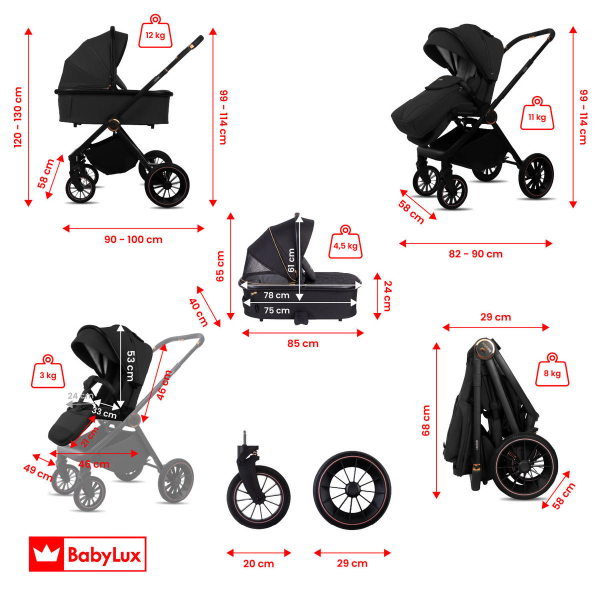 KINDERWAGEN Castor 4in1 Schwarz Babywanne, Reisebuggy, Autositz, Isofix Basis - Schwarz, Textil/Metall (58/98cm) - BabyLux