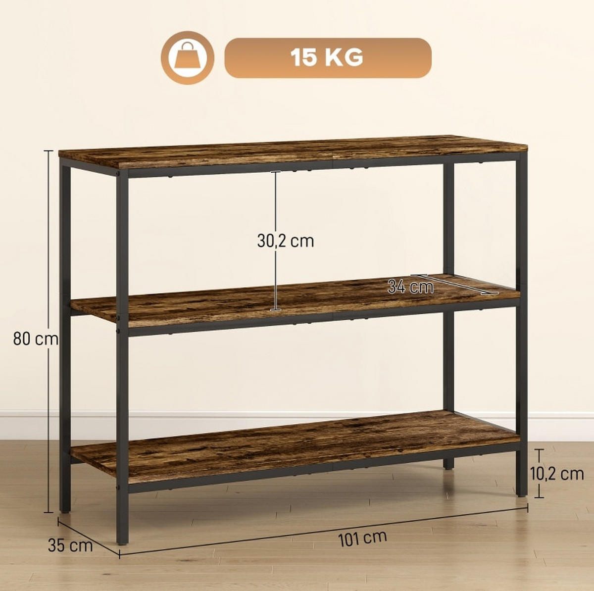 KONSOLENTISCH aus Spanplatte und Metall 101x35x80 cm Rustikalbraun mit 3 Ebenen - Braun, Holzwerkstoff (35/101/80cm) - IVMEU