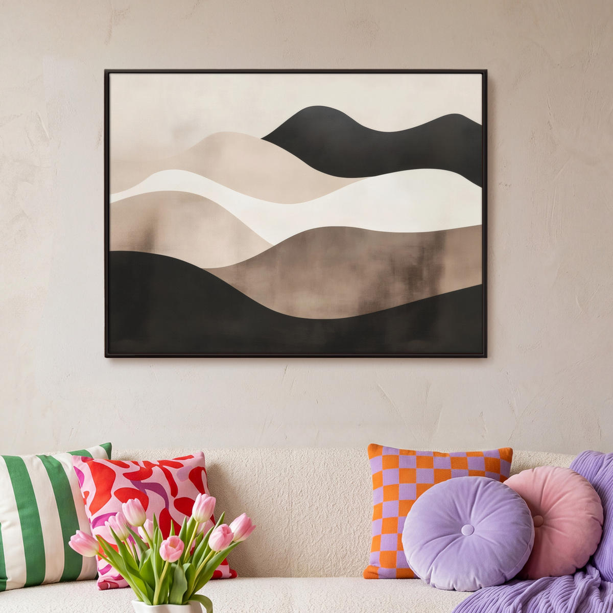 LEINWAND Bilder mit Rahmen - Abstrakt - Landschaft - Wellen - Cremefarben - 100x70 - Cappuccino, Textil (100/70cm) - MuchoWow
