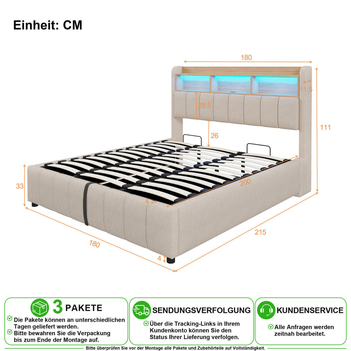 ČALOUNĚNÁ POSTEL 180/200 cm v béžové barvě z lněné látky s LED, USB a úložným prostorem - béžová, kov/kompozitní dřevo (180/200cm) - CHICFURN