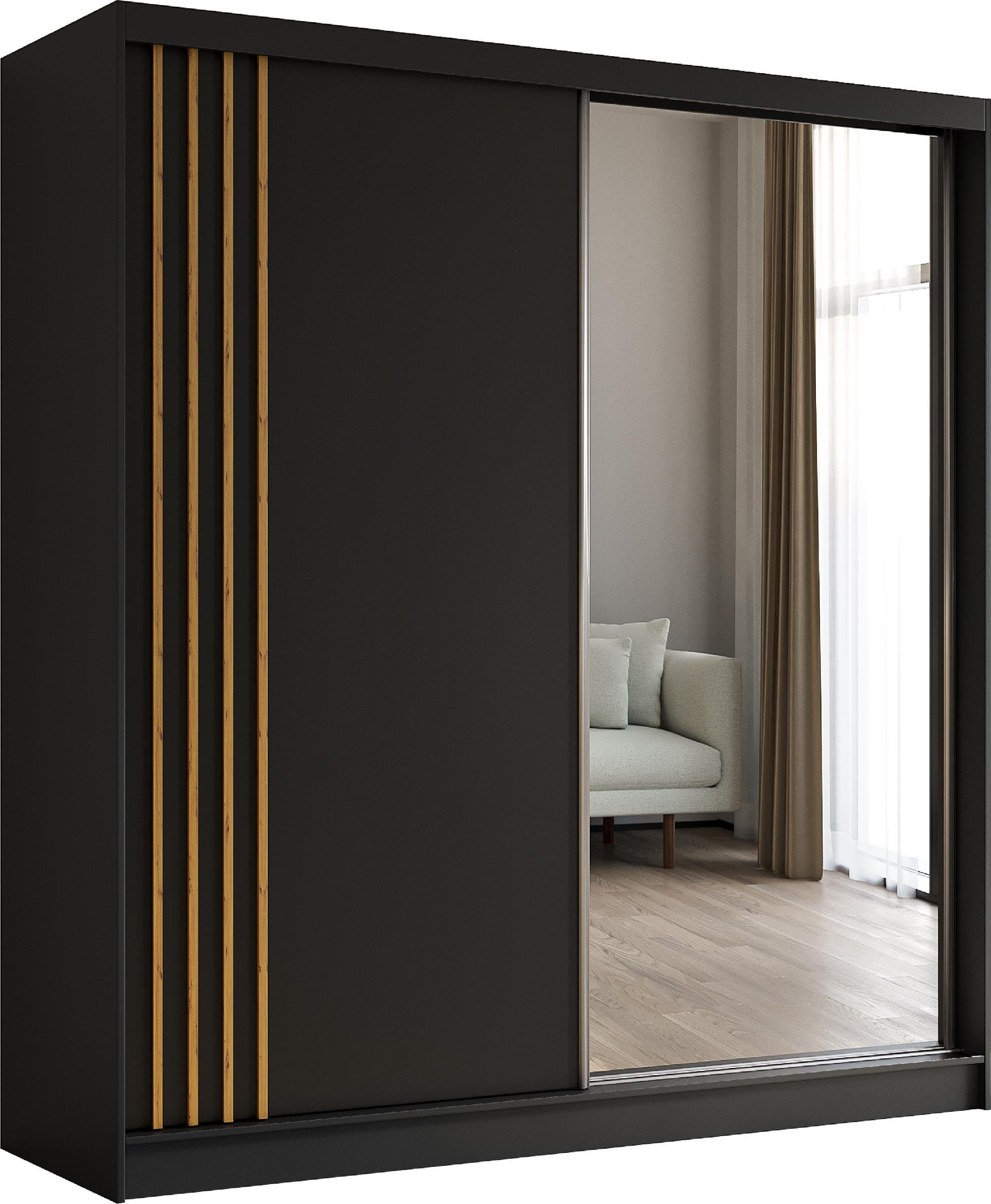 SCHWEBETÜRENSCHRANK Neli 200 cm mit Lamellen und Spiegel 2-türig, schwarz, schwarz, Lamelle Artisan - Schwarz/Braun, Kunststoff (200/216/61cm) - Margaret Hadas24