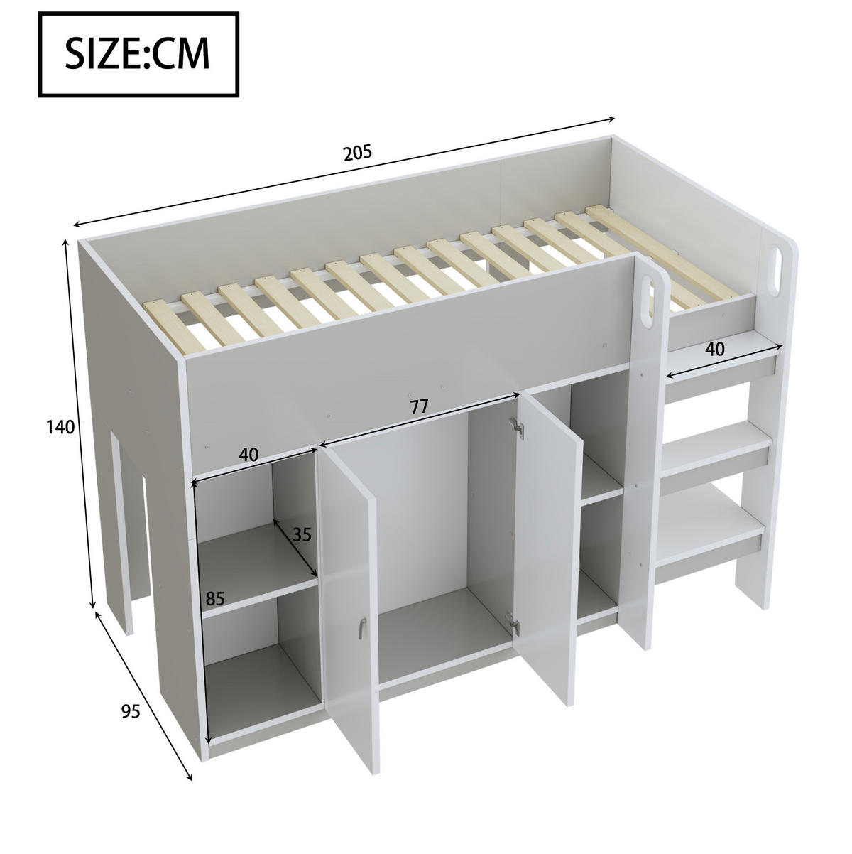 HOCHBETT aus Holz 90x200 cm in Grau mit Leiter & Stauraum - Grau, Holz (90/200cm) - Modfu