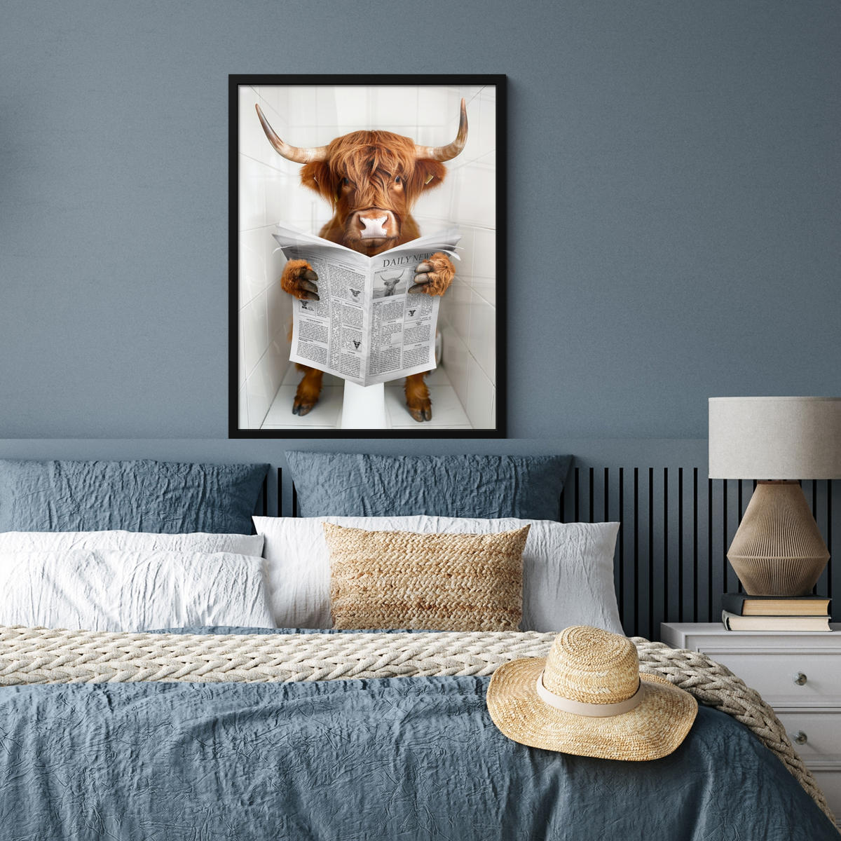 GERAHMTES BILD Schottisches Hochlandrind - Tier - Zeitung - Toilette 60x80 cm - Kastanienfarben, Papier (60/80cm) - MuchoWow