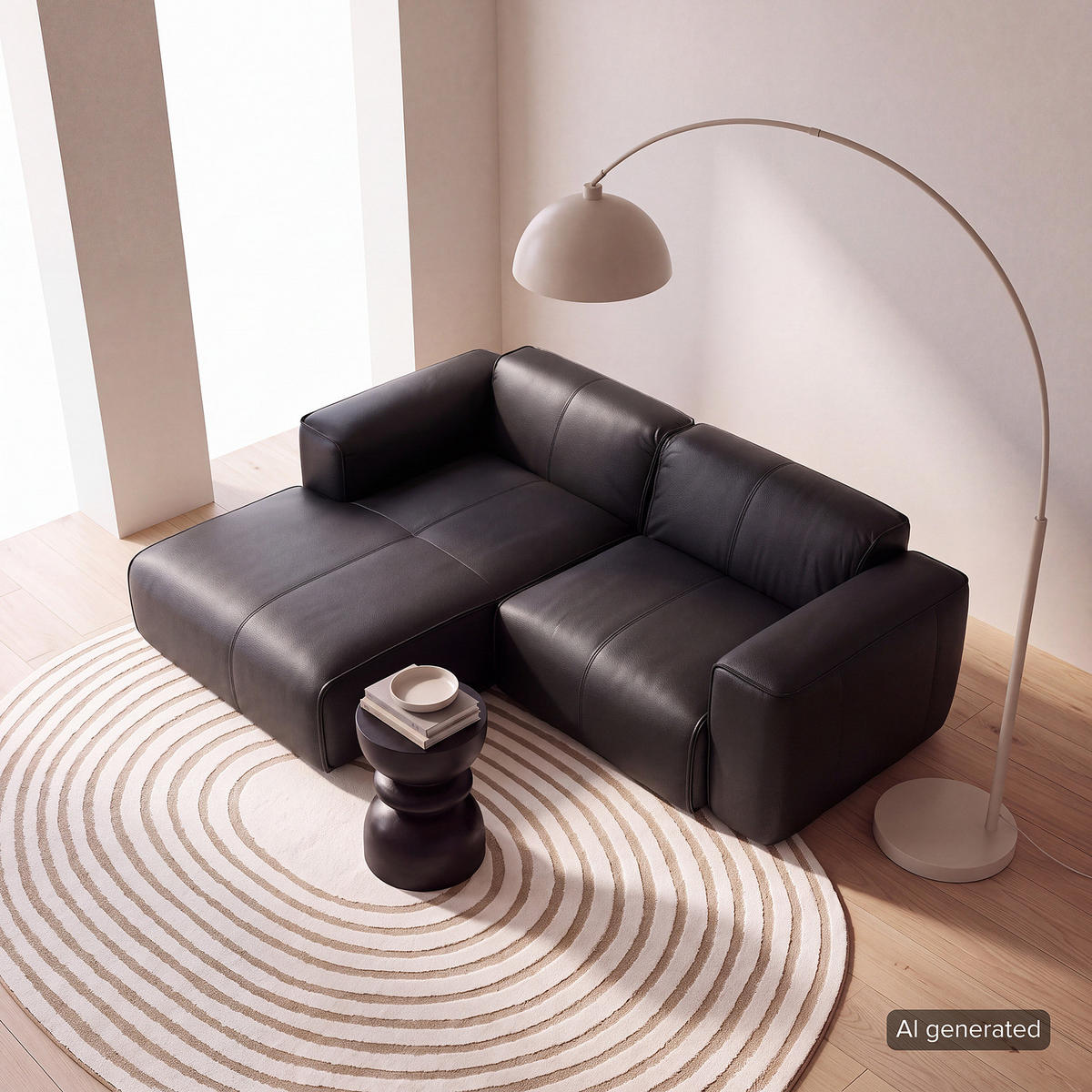 ECKSOFA mit XL-Longchair - Schwarz, Leder/Kunststoff (260/171cm) - home24
