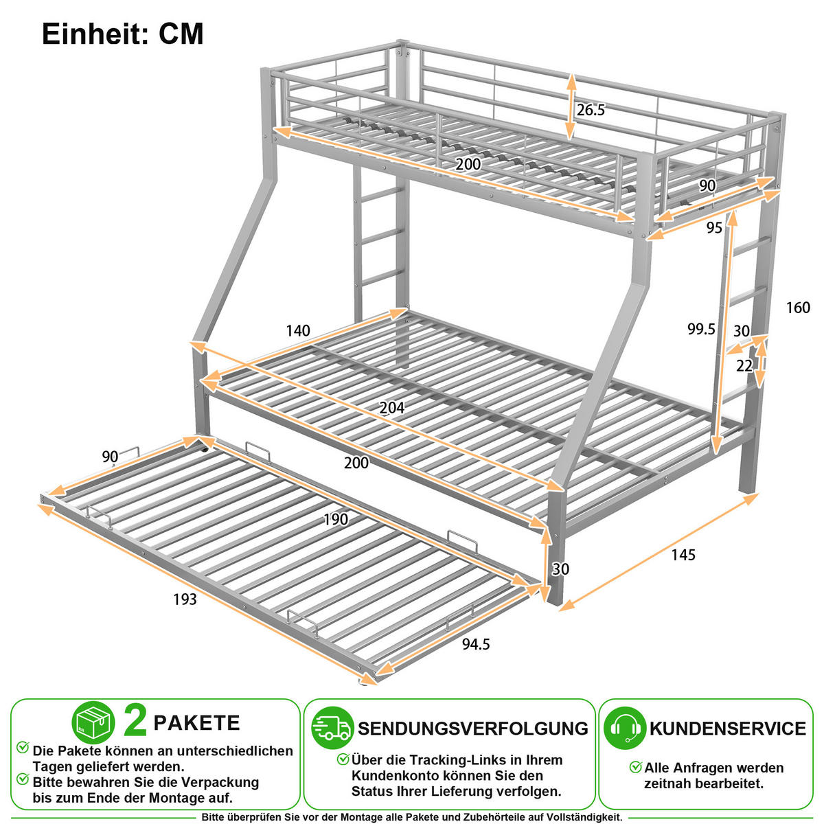 ETAGENBETT 90/200 cm & 140/200 cm in Silber mit Ausziehbett und Leiter - Grau, Metall (90/200cm) - CHICFURN