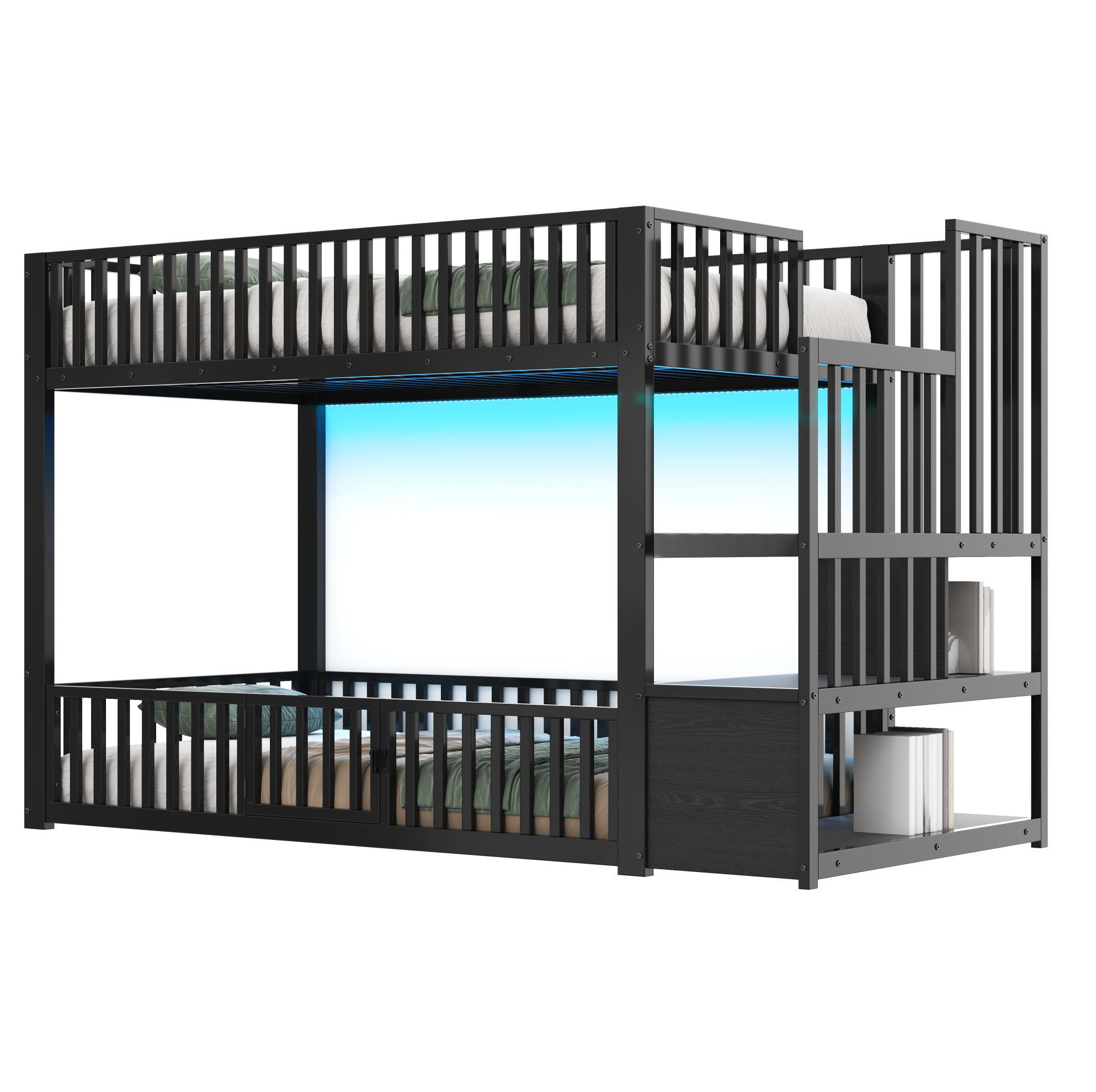 ETAGENBETT 90/200 cm aus Metall/MDF mit LED und Stauraumleiter Schwarz - Schwarz, Holzwerkstoff (90/200cm) - Modenvie