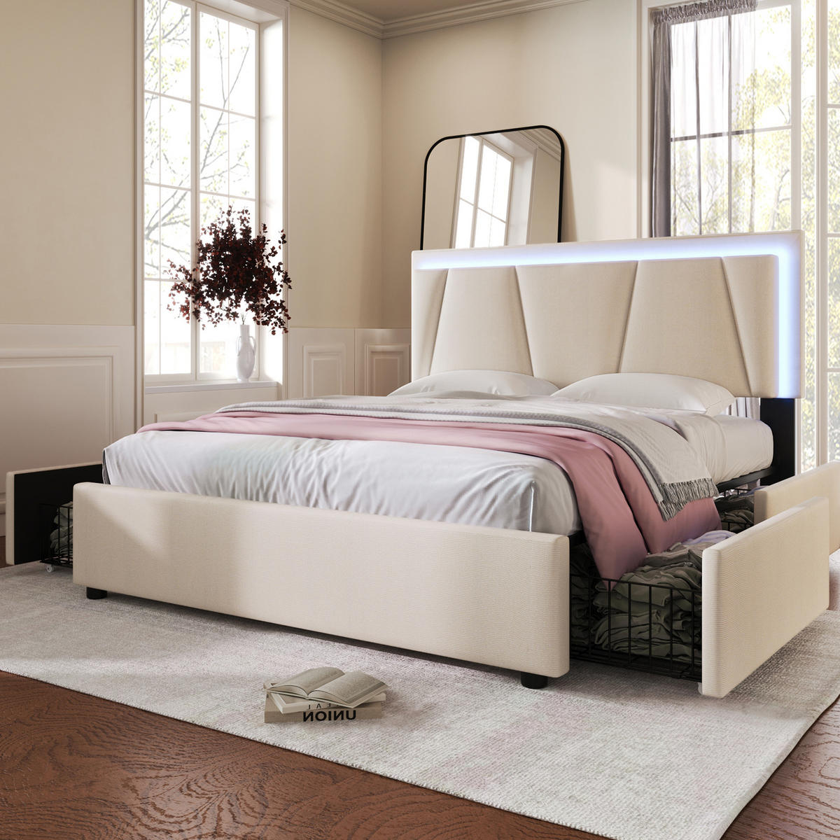 POLSTERBETT aus Leinenmaterial 160x200 cm Beige mit LED-Beleuchtung, 4 Schubladen und Matratze - Beige, Textil (160/200cm) - IVMEU