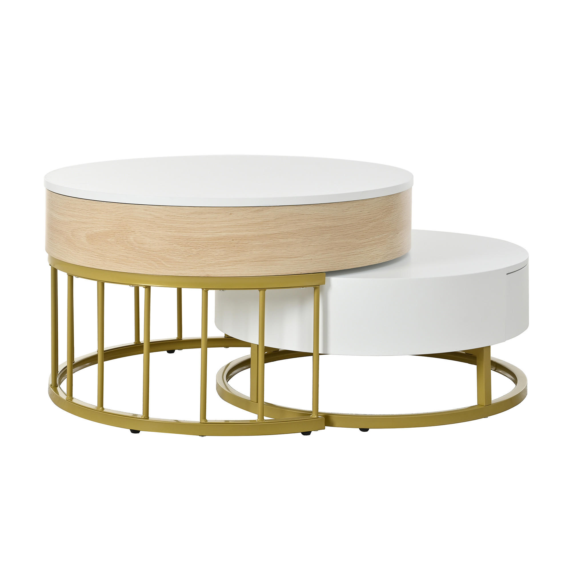 COUCHTISCH 2er-Set rund höhenverstellbar MDF Weiß Gold - Weiß, Holz (70/70/56cm) - Meubliv