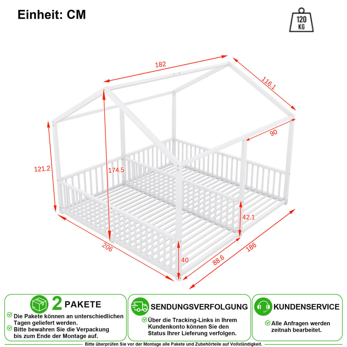 ETAGENBETT 90/200 cm & 90/200 cm in Weiß mit Leiter und Geländer aus Metall - Weiß, Metall (90/200cm) - CHICFURN