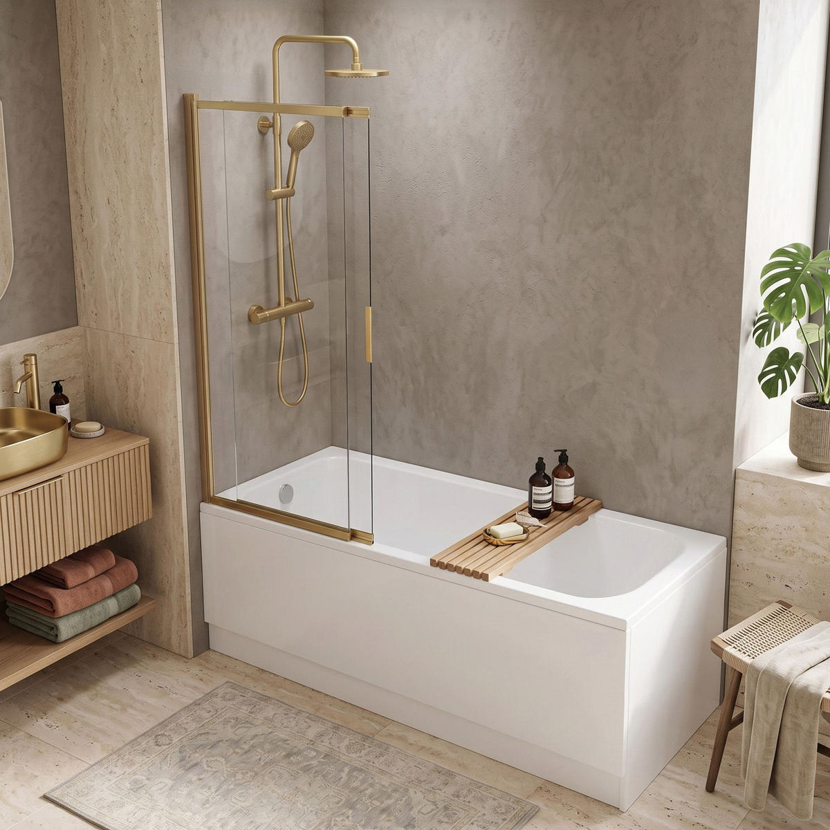 BADEWANNEN-DUSCHWAND Schiebetür Rea Dario Brush Gold 100 - Goldfarben, Glas (100/140cm) - REA