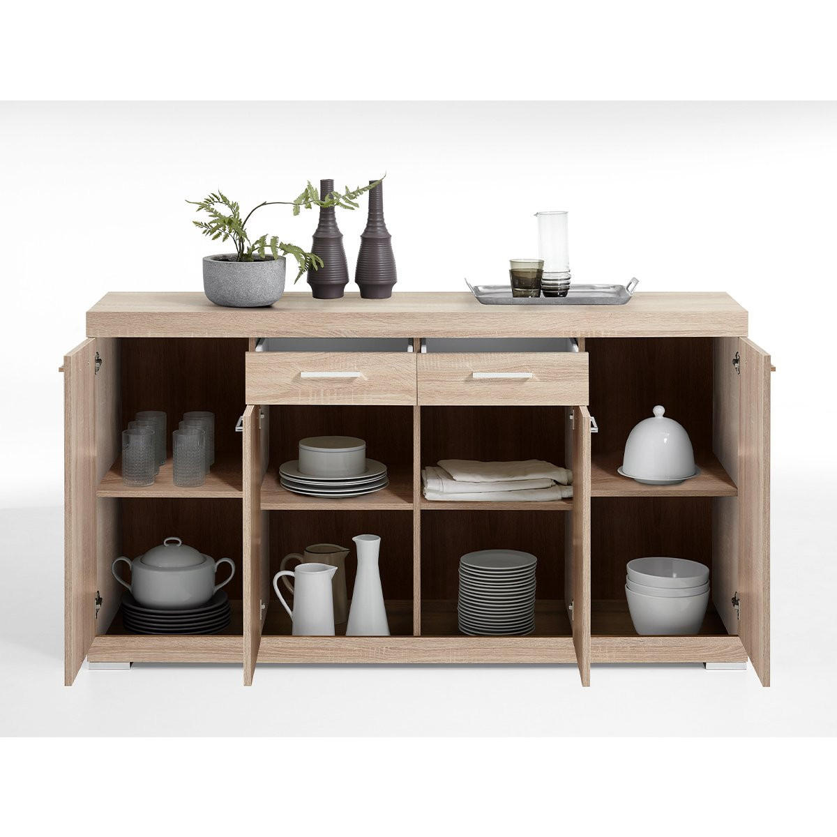ANRICHTE mit 2 Schubladen und 4 Türen L160 x T34,9 cm - Bristol - Eichefarben, Holzwerkstoff (34.9/89.9/160cm) - Calicosy