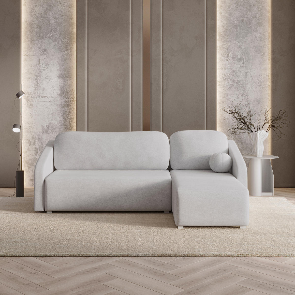 ECKSOFA MARELLO Hellgrau Geflochtener Stoff mit Schlaffunktion - Hellgrau, Holz (220/143cm) - MASSENO