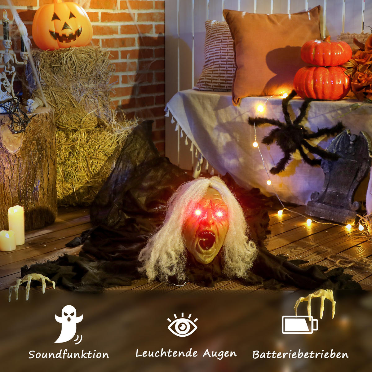 HALLOWEEN-DEKORATION Zombie-Alte 183 cm mit LED-Lichter, Soundfunktion - Schwarz, Textil (18/183/80cm) - Outsunny